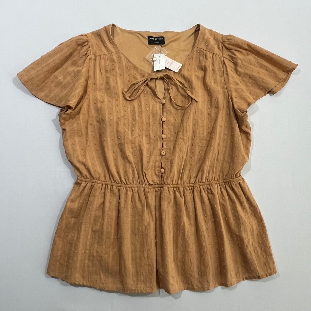 Lane Bryant Peplum Top Swiss Dot Tie Neck Flutter Sleeve Brown Womens 14 NWT